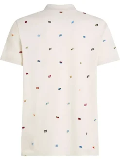 Polo en coton biologique noir à imprimé drapeaux, coupe droite et col polo