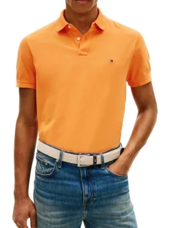 Polo en coton biologique orange à coupe droite pourvu d'un col à revers