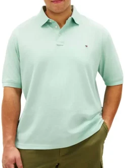Polo en coton biologique pistache uni avec une coupe droite et un col boutonné