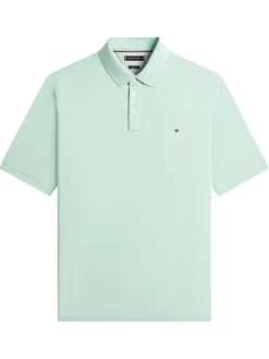 Polo en coton biologique pistache uni avec une coupe droite et un col boutonné