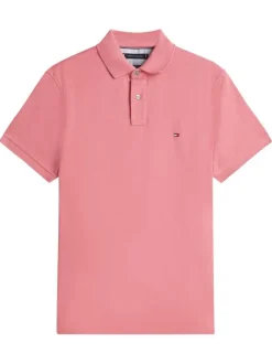 Polo en coton biologique rose à coupe ajustée pourvu d'un col boutonné