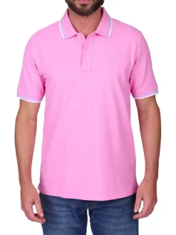 Polo en coton biologique rose uni avec une coupe droite et un col boutonné