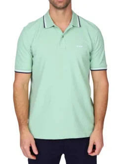 Polo en coton biologique vert d'eau uni avec une coupe droite et un col boutonné