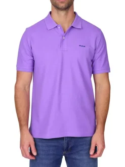 Polo en coton biologique violet uni avec une coupe droite et un col à revers