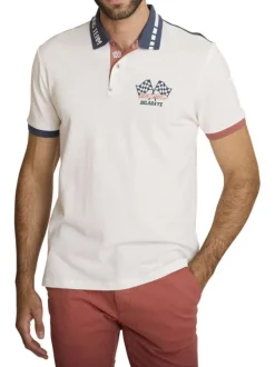 Polo en coton blanc à coupe droite pourvu d'un col boutonné marine
