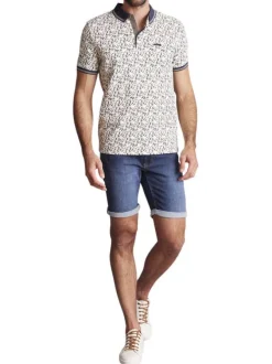 Polo en coton blanc à motifs bleus marine et kakis et à coupe slim