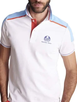Polo en coton blanc uni à coupe slim fit et à détails bleus ciel