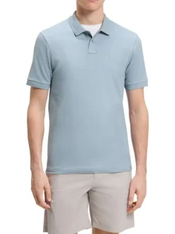 Polo en coton bleu à coupe droite pourvu d'un col côtelé boutonné