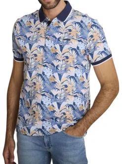 Polo en coton bleu à coupe droite pourvu d'un col à revers contrasté