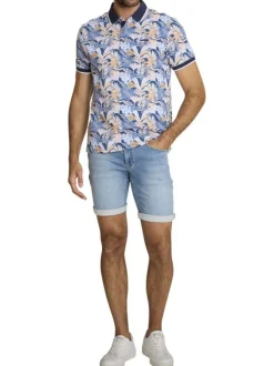 Polo en coton bleu à coupe droite pourvu d'un col à revers contrasté
