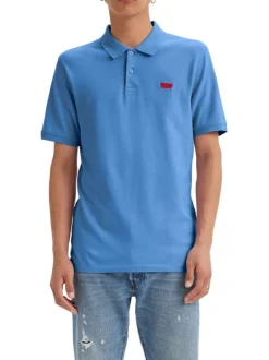 Polo en coton bleu en maille piquée avec une coupe slim et un col boutonné