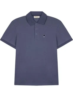 Polo en coton bleu gris uni avec une coupe droite et un col boutonné
