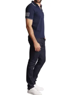 Polo en coton bleu marine uni à coupe slim fit avec un col v à revers