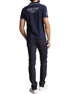 Polo en coton bleu marine uni à coupe slim fit avec un col v à revers