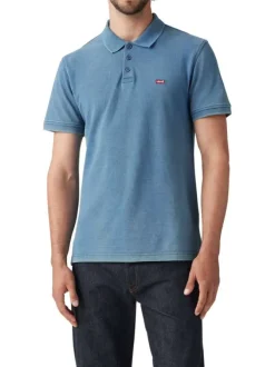 Polo en coton bleu uni avec une coupe droite et un col fermé par trois boutons