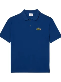 Polo en coton bleu uni droit avec logo à la poitrine et col à deux boutons