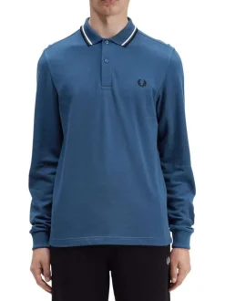 Polo en coton bleu uni à manches longues avec liserés sur le col français
