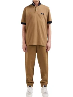 Polo en coton camel à manches courtes et avec des détails bleus marine