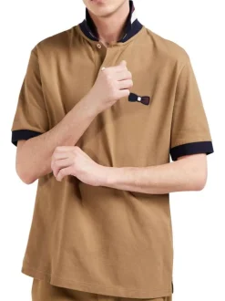 Polo en coton camel à manches courtes et avec des détails bleus marine