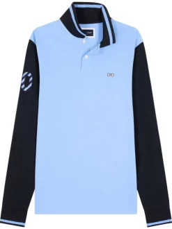 Polo en coton ciel et marine avec un col boutonné et des manches longues