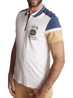 Polo en coton écru et bleu uni à coupe slim avec un col à revers zippé