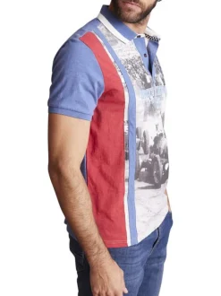 Polo en coton gris et bleu avec un imprimé vintage à l'avant et à coupe droite