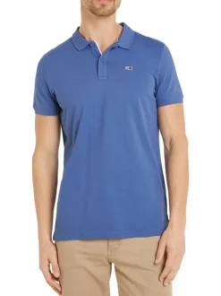 Polo en coton indigo uni avec un col boutonné et une coupe droite