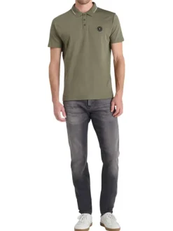 Polo en coton kaki uni à coupe slim fit avec un liseré sur les revers