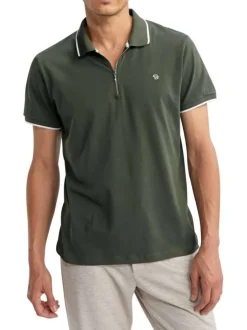Polo en coton kaki uni pourvu de manches courtes et d'un col zippé