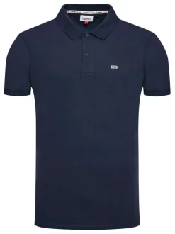 Polo en coton maille piquée marine avec une coupe droite et un col boutonné