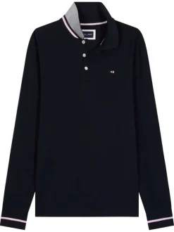 Polo en coton marine avec un col boutonné et des manches longues
