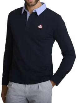 Polo en coton marine à coupe ajustée pourvu d'un col boutonné