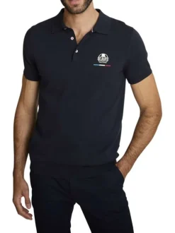 Polo en coton marine à coupe droite pourvu d'un col boutonné
