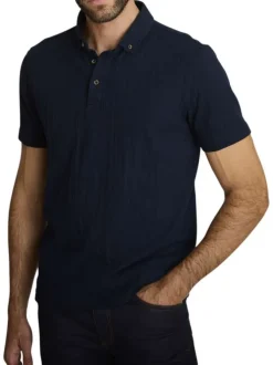 Polo en coton marine à coupe droite pourvu d'un col à revers boutonné