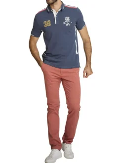 Polo en coton marine à coupe droite pourvu d'un col à revers boutonné