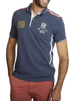 Polo en coton marine à coupe droite pourvu d'un col à revers boutonné