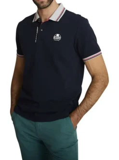 Polo en coton marine à coupe droite pourvu d'un col à revers boutonné