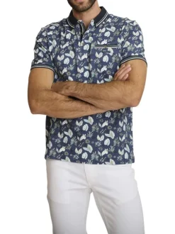 Polo en coton marine à coupe droite pourvu d'un col à revers boutonné