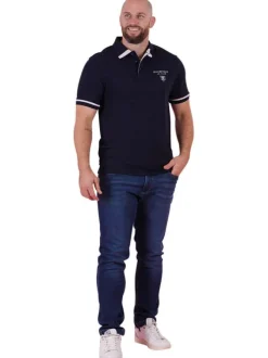 Polo en coton marine en maille piquée avec une coupe droite et un col à revers