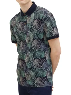 Polo en coton marine fleuri avec une coupe droite et un col boutonné