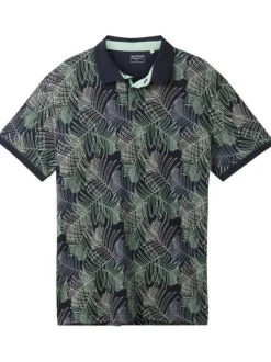 Polo en coton marine fleuri avec une coupe droite et un col boutonné