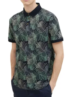 Polo en coton marine fleuri avec une coupe droite et un col boutonné