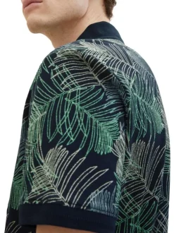 Polo en coton marine fleuri avec une coupe droite et un col boutonné
