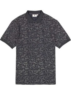 Polo en coton marine à imprimé floral avec une coupe droite et un col à revers