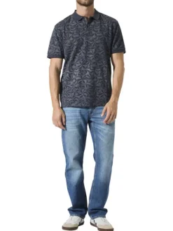 Polo en coton marine à imprimé floral avec une coupe droite et un col à revers