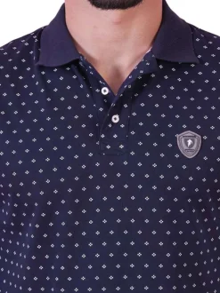 Polo en coton marine à motifs pourvu d'une coupe droite et d'un col boutonné