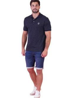 Polo en coton marine à motifs pourvu d'une coupe droite et d'un col boutonné