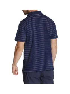 Polo en coton marine rayé col uni à 2 boutons et à manches courtes