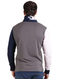 Polo en coton marine tricolore avec une coupe droite et un col à revers