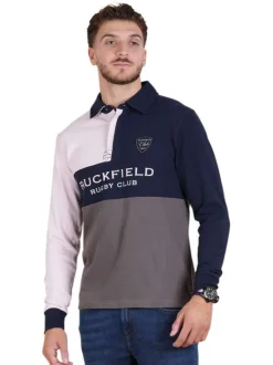 Polo en coton marine tricolore avec une coupe droite et un col à revers
